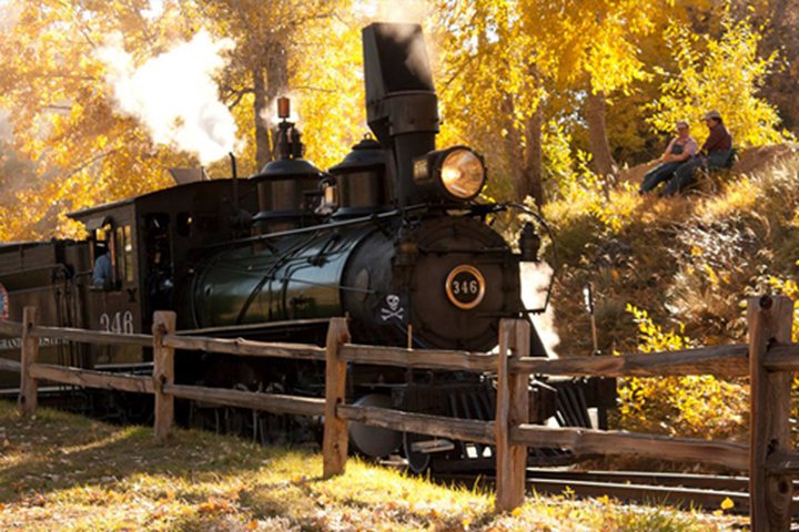 Steam locomotive at the Colorado Railroad Museum in autumn