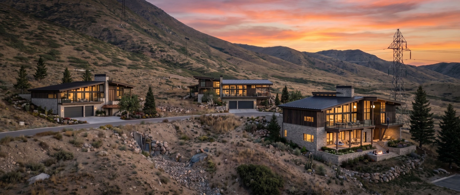 Aerial view of Shelton Studio Ranch and the surrounding foothills