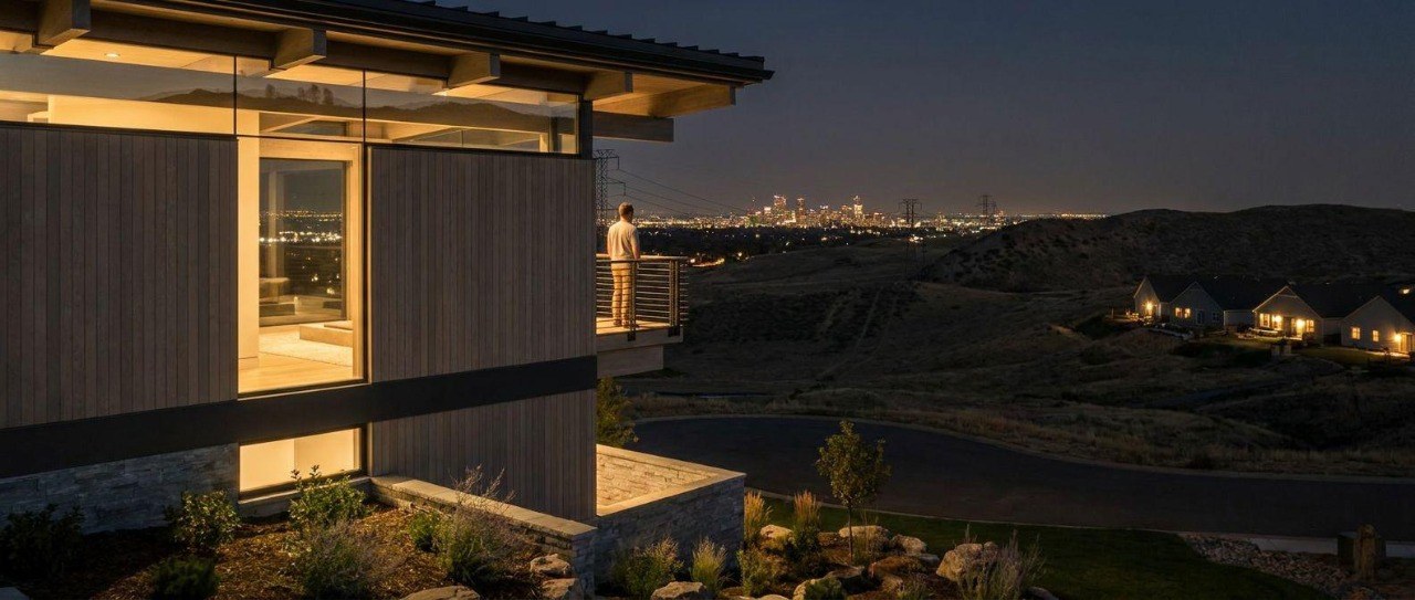 A homeowner taking in the Denver skyline view at twilight from a custom mountain home