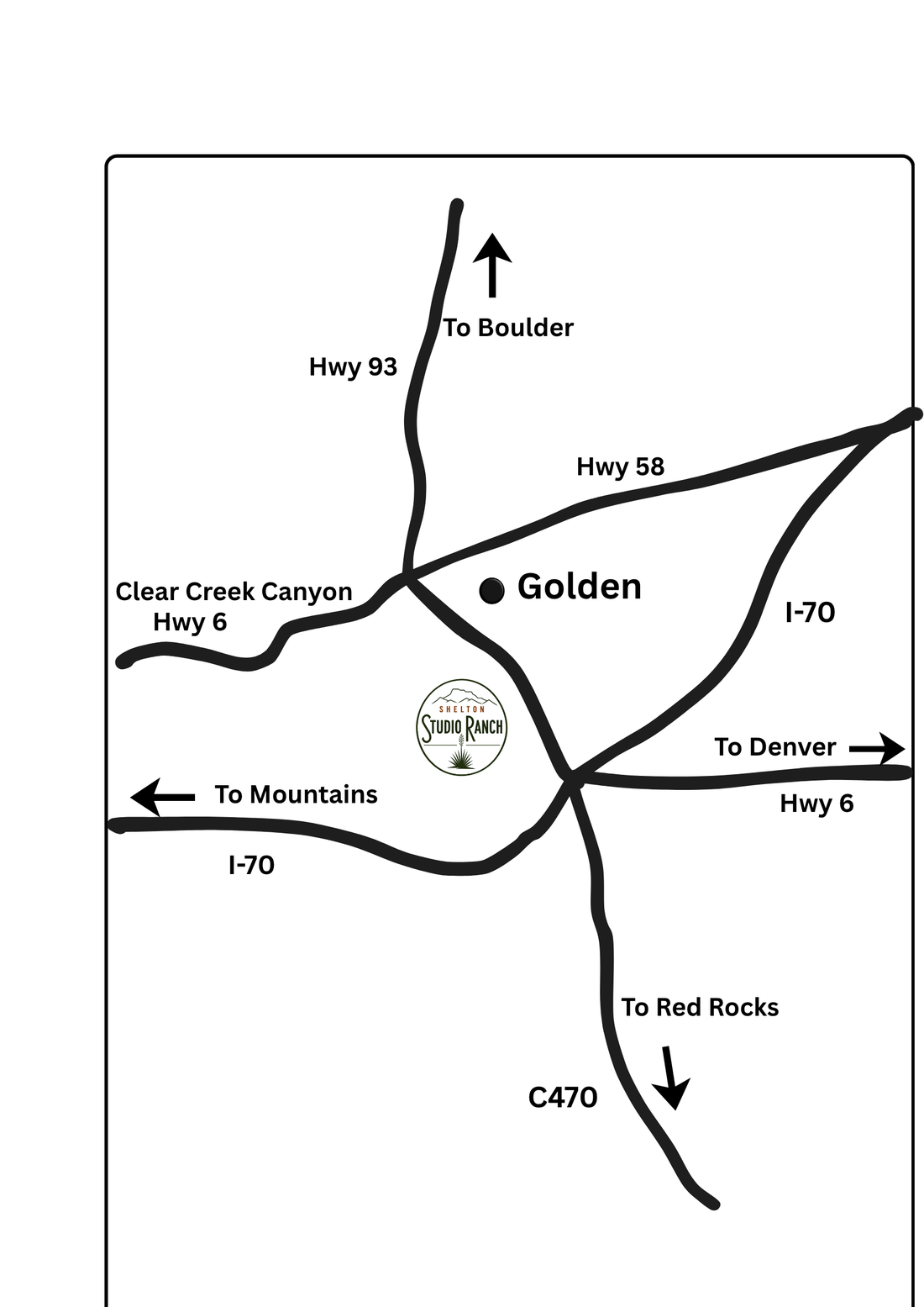 Map showing Shelton Studio Ranch near Golden, Colorado, with routes to Boulder, the mountains, Denver, and Red Rocks Amphitheatre